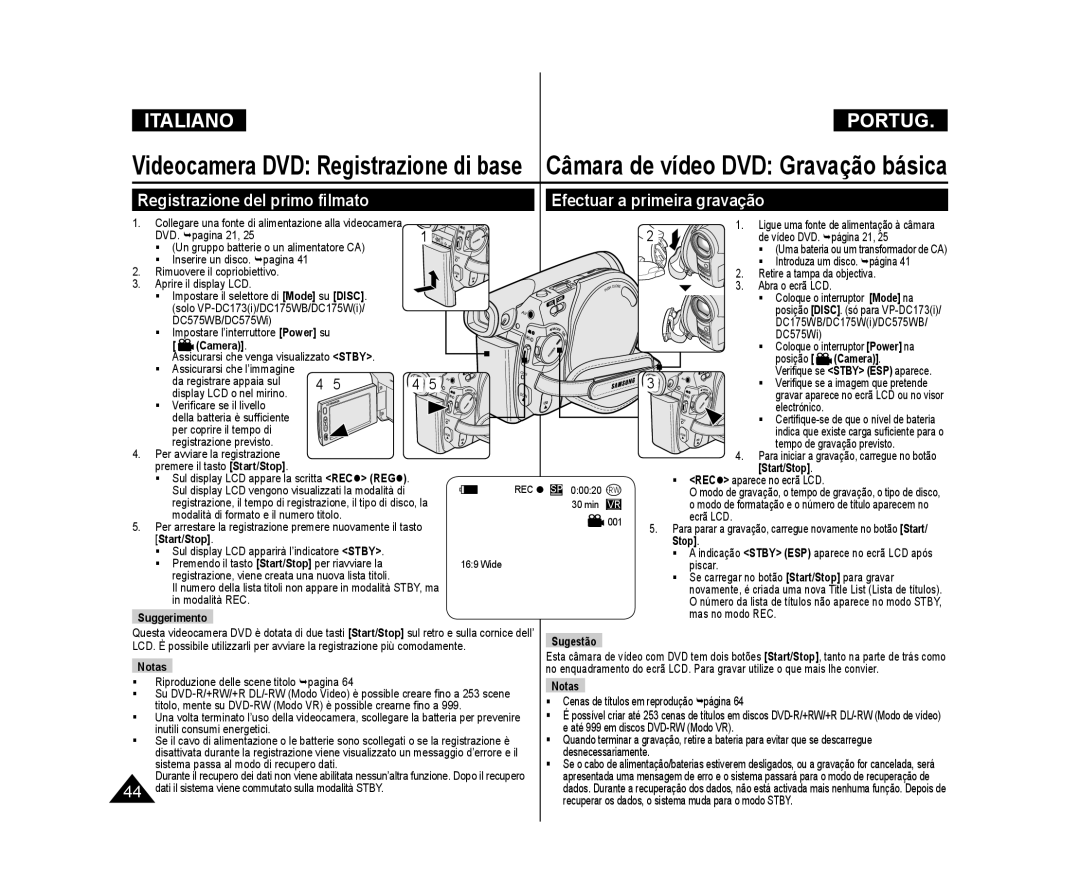 Samsung VP-DC171W/XEF, VP-DC575WB/XEF, VP-DC171/XEF manual Registrazione del primo ﬁlmato Efectuar a primeira gravação 