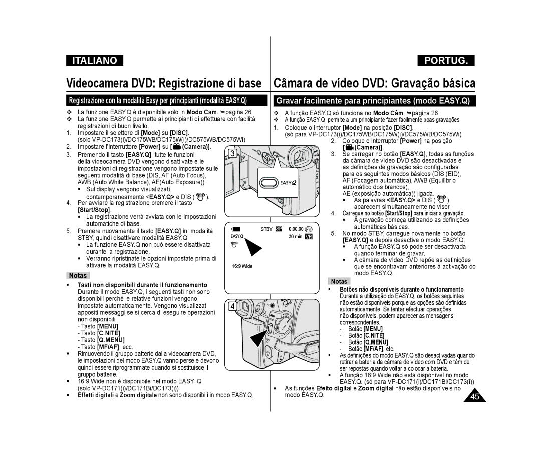 Samsung VP-DC171WB/XEF, VP-DC575WB/XEF manual Gravar facilmente para principiantes modo EASY.Q, Start/Stop, Botão Q.MENU 