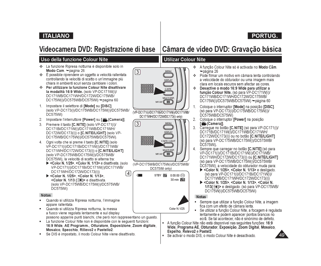 Samsung VP-DC171/XEF manual Utilizar Colour Nite, Uso della funzione Colour Nite, La modalità 169 Wide. solo VP-DC171Wi 