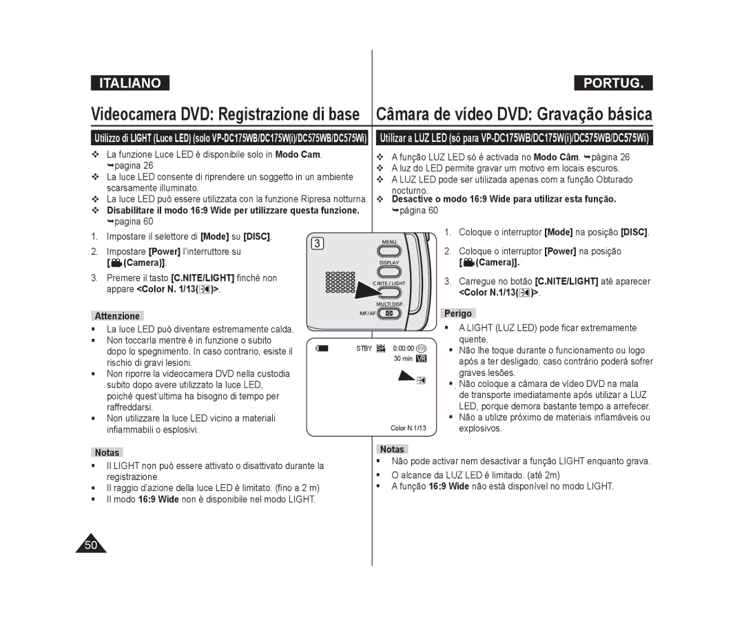 Samsung VP-DC171W/XEF pagina, Impostare Power l’interruttore su,  Desactive o modo 169 Wide para utilizar esta função 