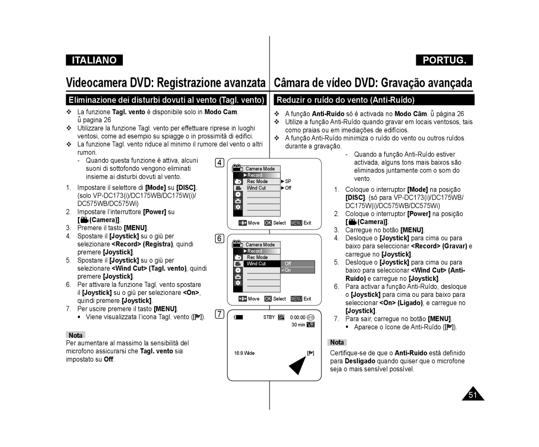 Samsung VP-DC171WB/XEF manual Reduzir o ruído do vento Anti-Ruído, Eliminazione dei disturbi dovuti al vento Tagl. vento 