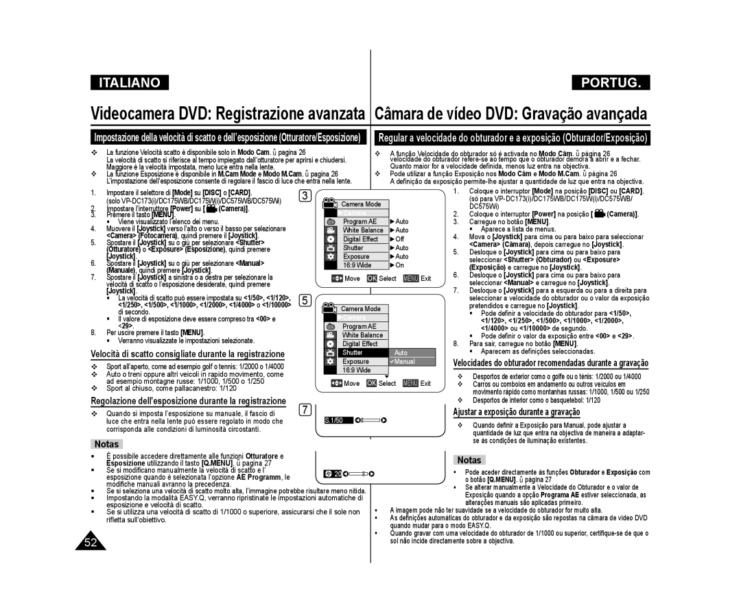 Samsung VP-DC175W/XEF Velocità di scatto consigliate durante la registrazione, Ajustar a exposição durante a gravação 