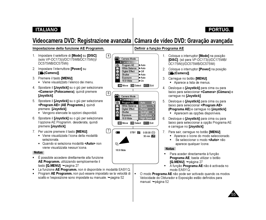 Samsung VP-DC171/XEF manual  Viene visualizzata l’icona della modalità, Selezionata  Se seleccionar o modo Auto não 