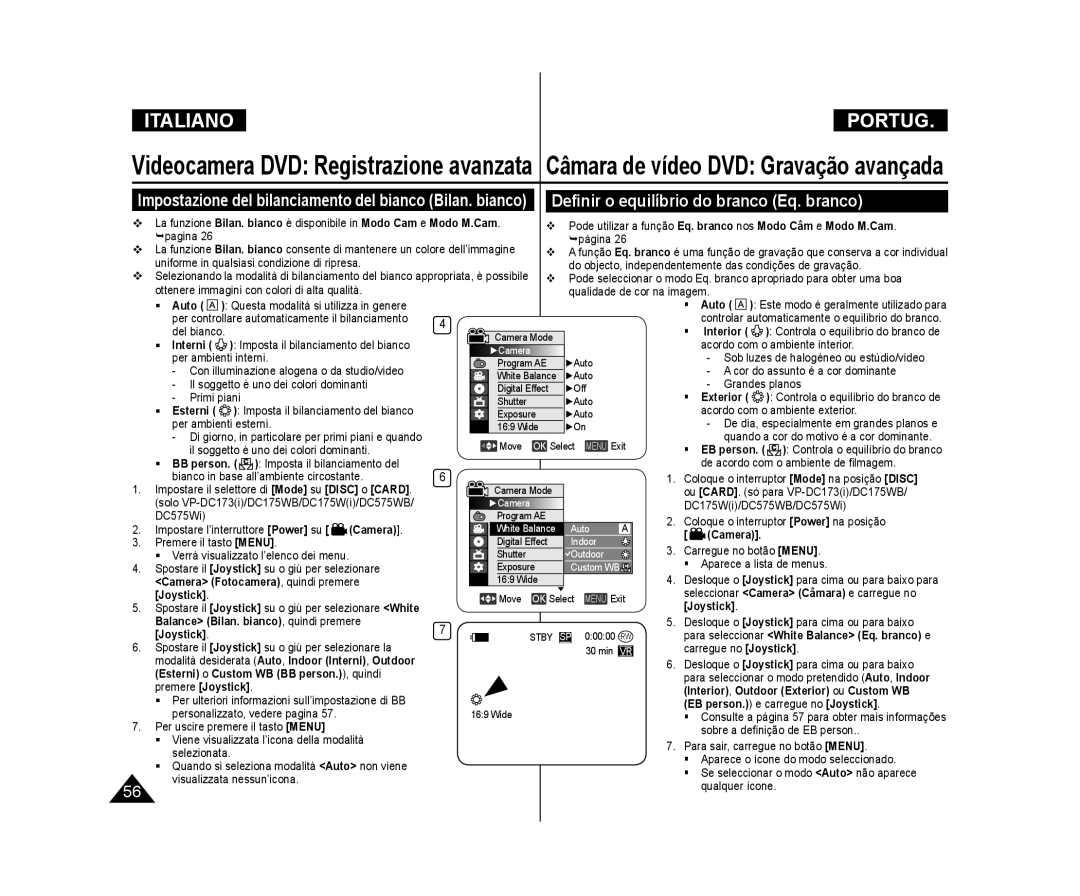 Samsung VP-DC171W/XEF manual Deﬁnir o equilíbrio do branco Eq. branco, Camera Fotocamera, quindi premere, Joystick.7 