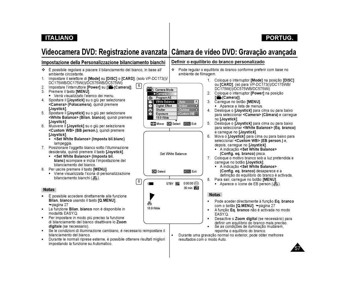 Samsung VP-DC171WB/XEF, VP-DC575WB/XEF manual Deﬁnir o equilíbrio do branco personalizado, Camera Fotocamera, quindi premere 