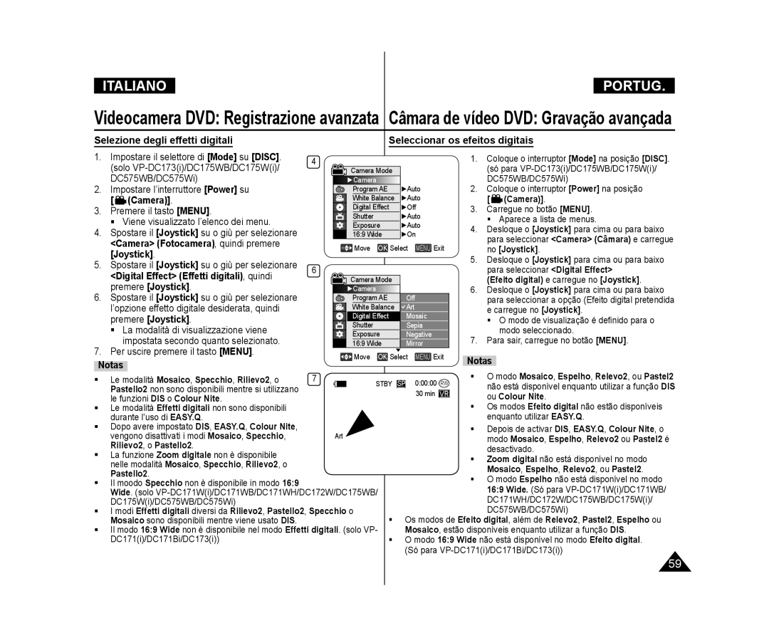 Samsung VP-DC171WH/XEF Digital Effect Effetti digitali, quindi Premere Joystick, Efeito digital e carregue no Joystick 