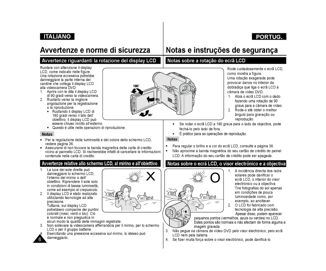 Samsung VP-DC575WB/XEF manual Notas sobre a rotação do ecrã LCD, Avvertenze riguardanti la rotazione del display LCD 