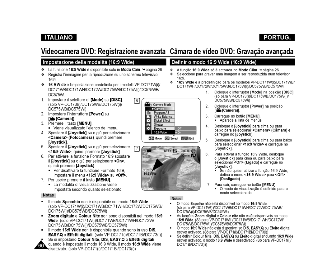 Samsung VP-DC575WB/XEF, VP-DC171/XEF manual Deﬁnir o modo 169 Wide 169 Wide, Impostazione della modalità 169 Wide, Desligado 