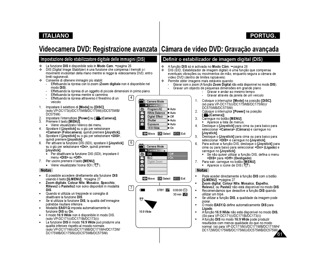 Samsung VP-DC171/XEF manual Deﬁnir o estabilizador de imagem digital DIS, Menu DIS su Off, DIS para Off Desligado, Ligado 