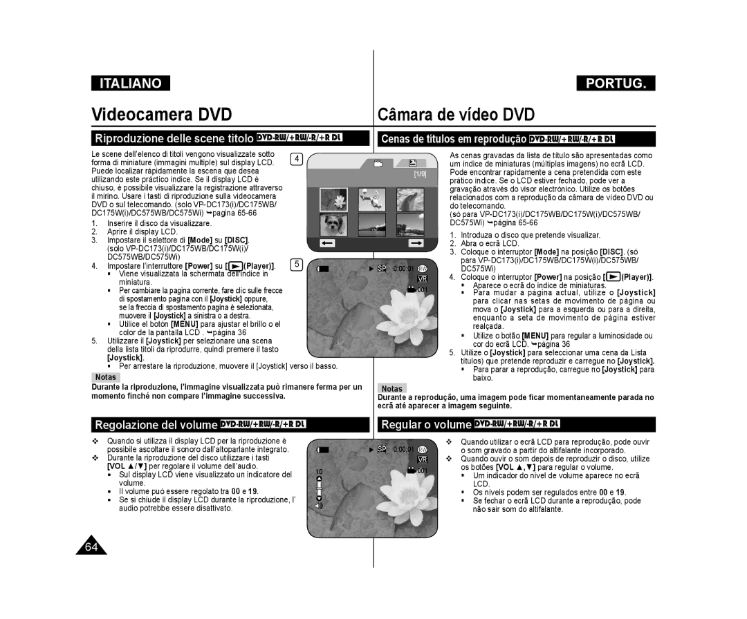 Samsung VP-DC175W/XEF, VP-DC575WB/XEF manual Videocamera DVD Câmara de vídeo DVD, Regolazione del volume DVD-RW/+RW/-R/+R DL 