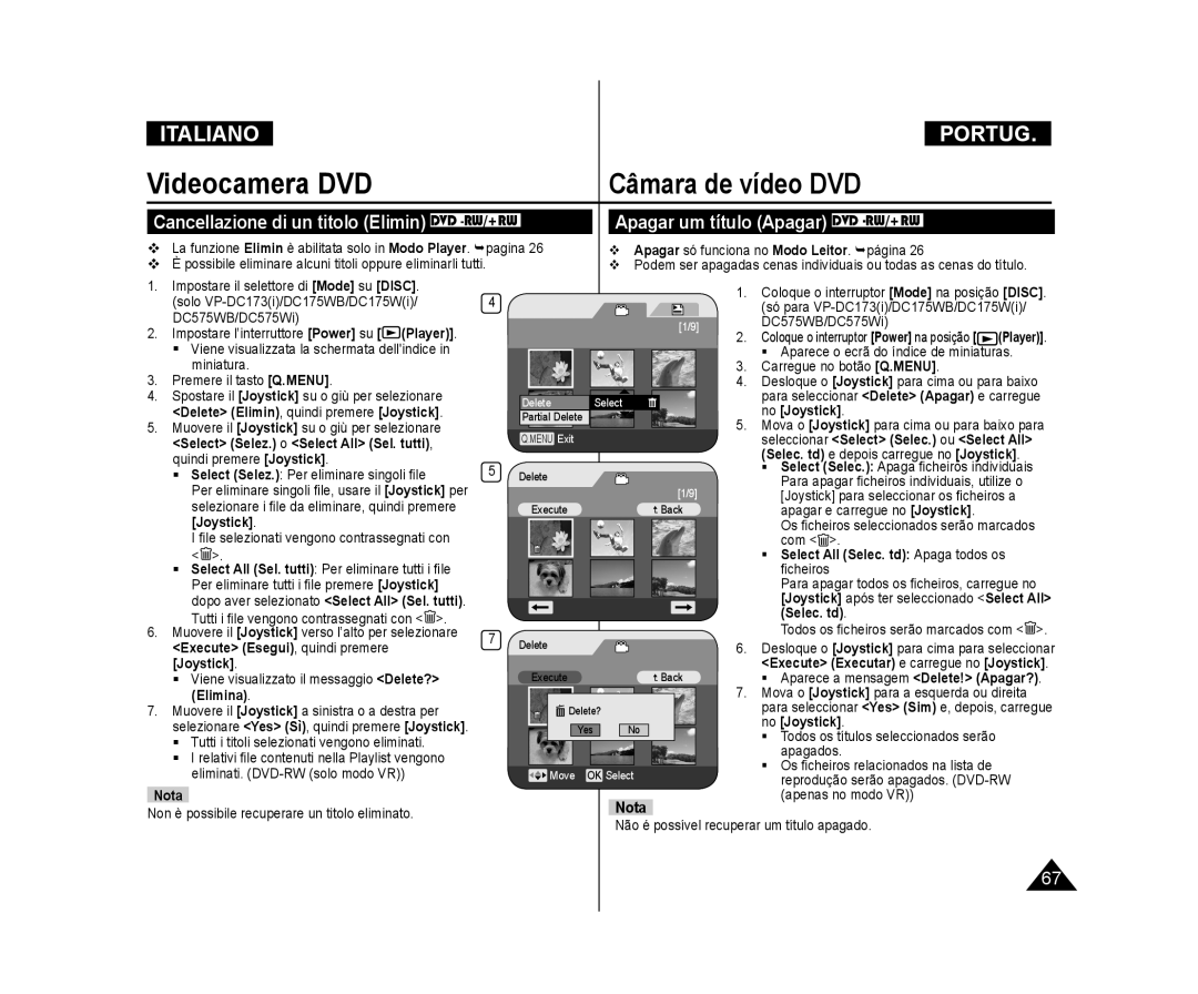 Samsung VP-DC171/XEF, VP-DC575WB/XEF, VP-DC171W/XEF, VP-DC171WB/XEF, VP-DC175W/XEF, VP-DC171WH/XEF manual Selec. td, Elimina 