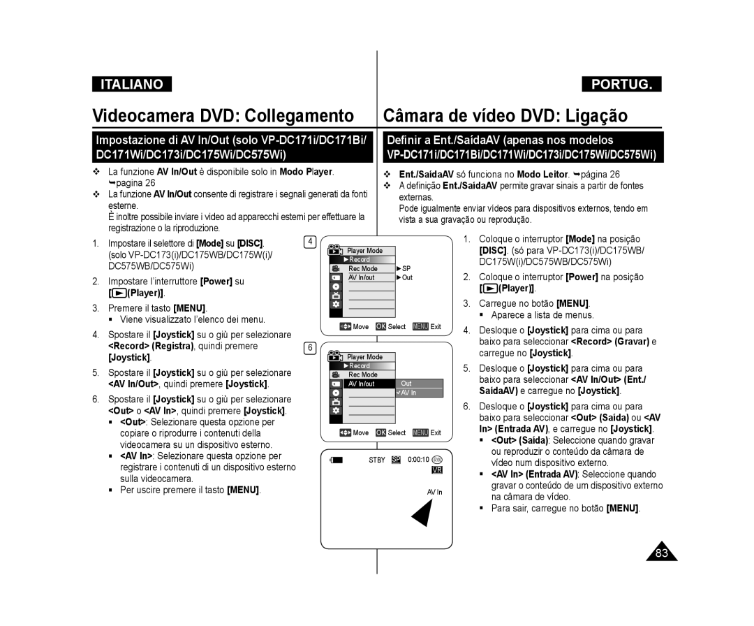 Samsung VP-DC171WH/XEF manual Videocamera DVD Collegamento Câmara de vídeo DVD Ligação, Record Registra, quindi premere 