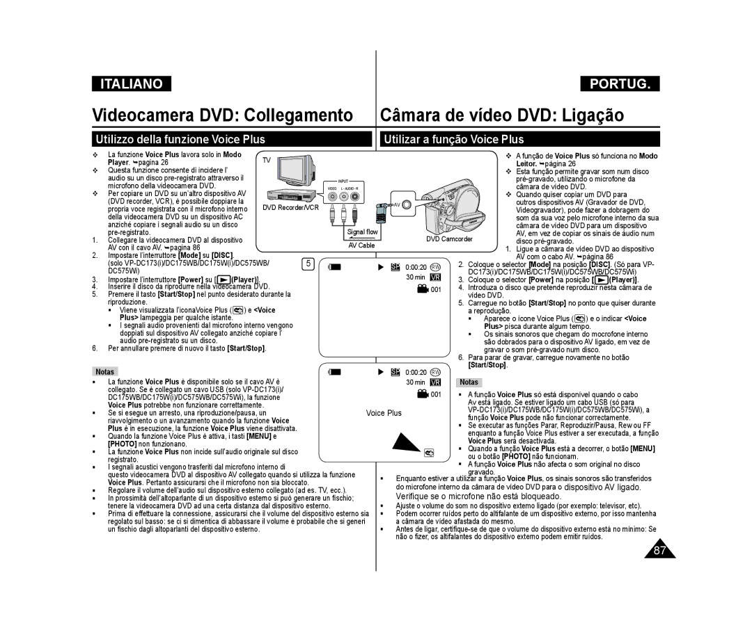 Samsung VP-DC171WB/XEF, VP-DC575WB/XEF, VP-DC171/XEF, VP-DC171W/XEF, VP-DC175W/XEF manual Plus, Voice, Start/Stop Notas 