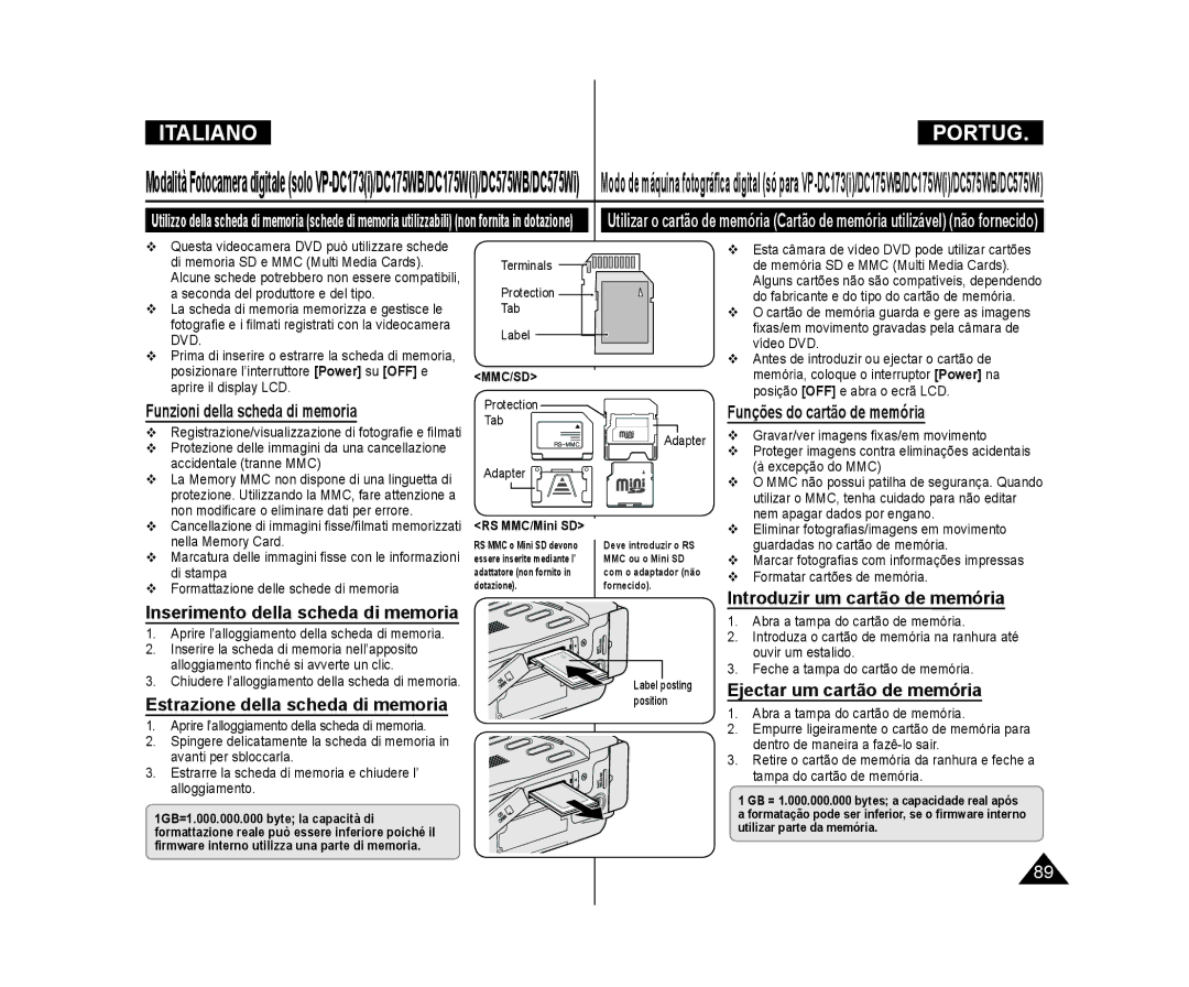 Samsung VP-DC171WH/XEF Funzioni della scheda di memoria, Funções do cartão de memória, Introduzir um cartão de memória 