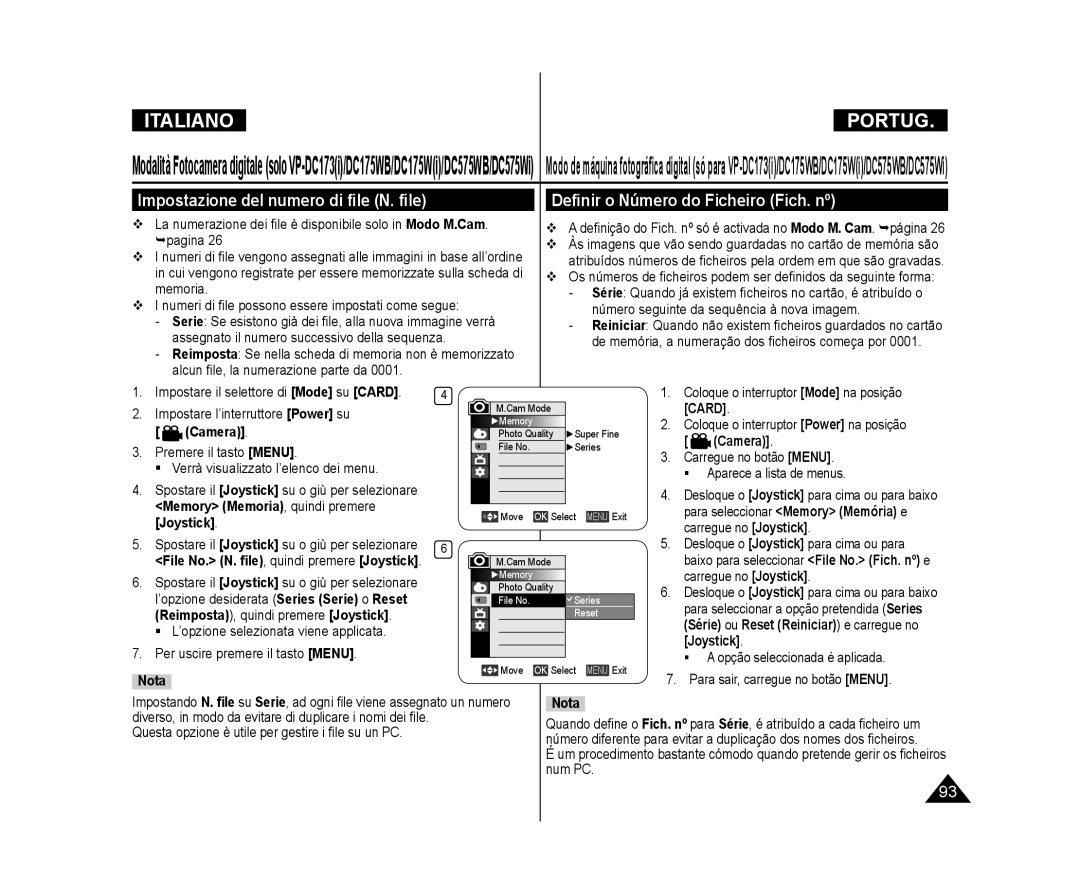 Samsung VP-DC171WB/XEF, VP-DC575WB/XEF manual Impostazione del numero di ﬁle N. ﬁle, Deﬁnir o Número do Ficheiro Fich. nº 