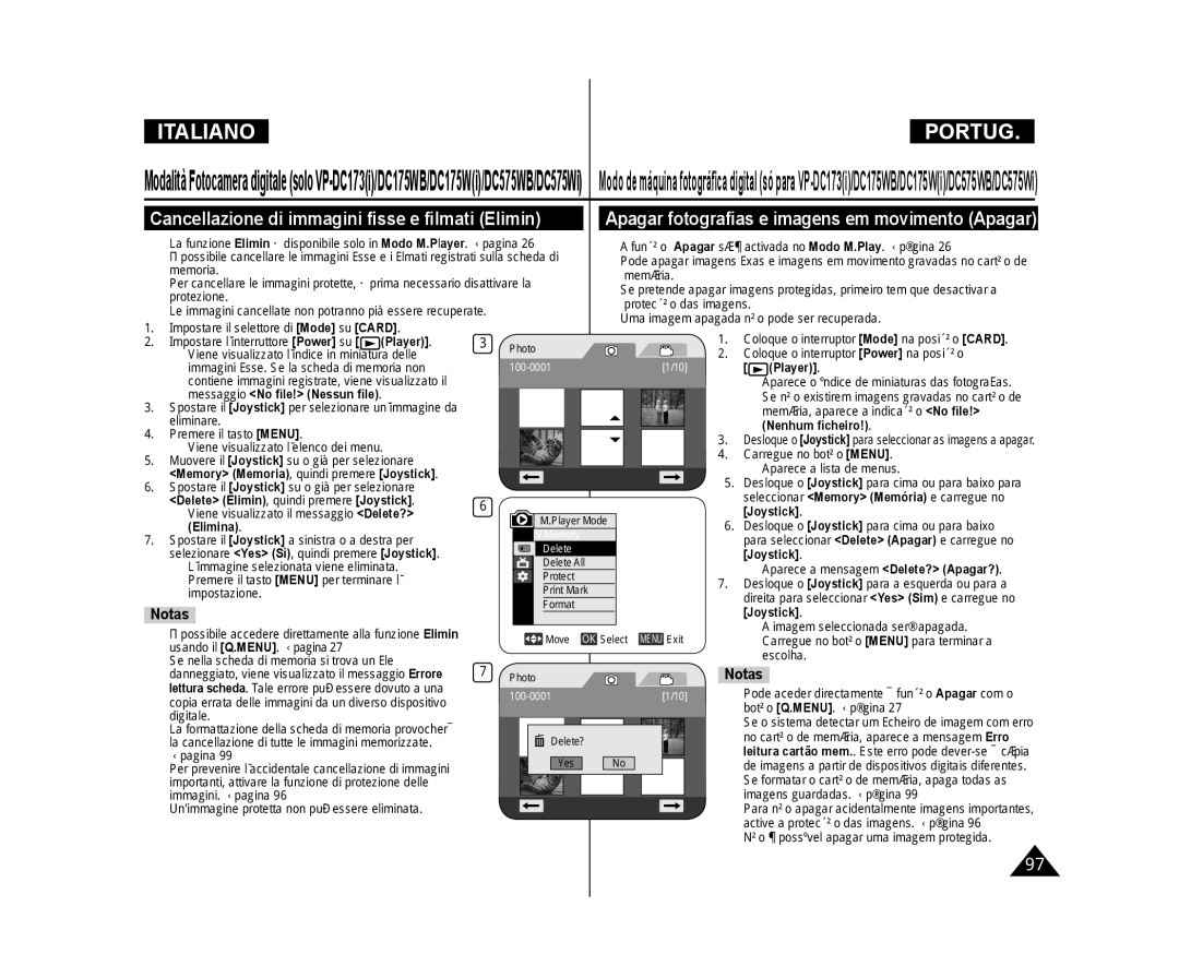 Samsung VP-DC171/XEF manual Cancellazione di immagini ﬁsse e ﬁlmati Elimin, Apagar fotograﬁas e imagens em movimento Apagar 