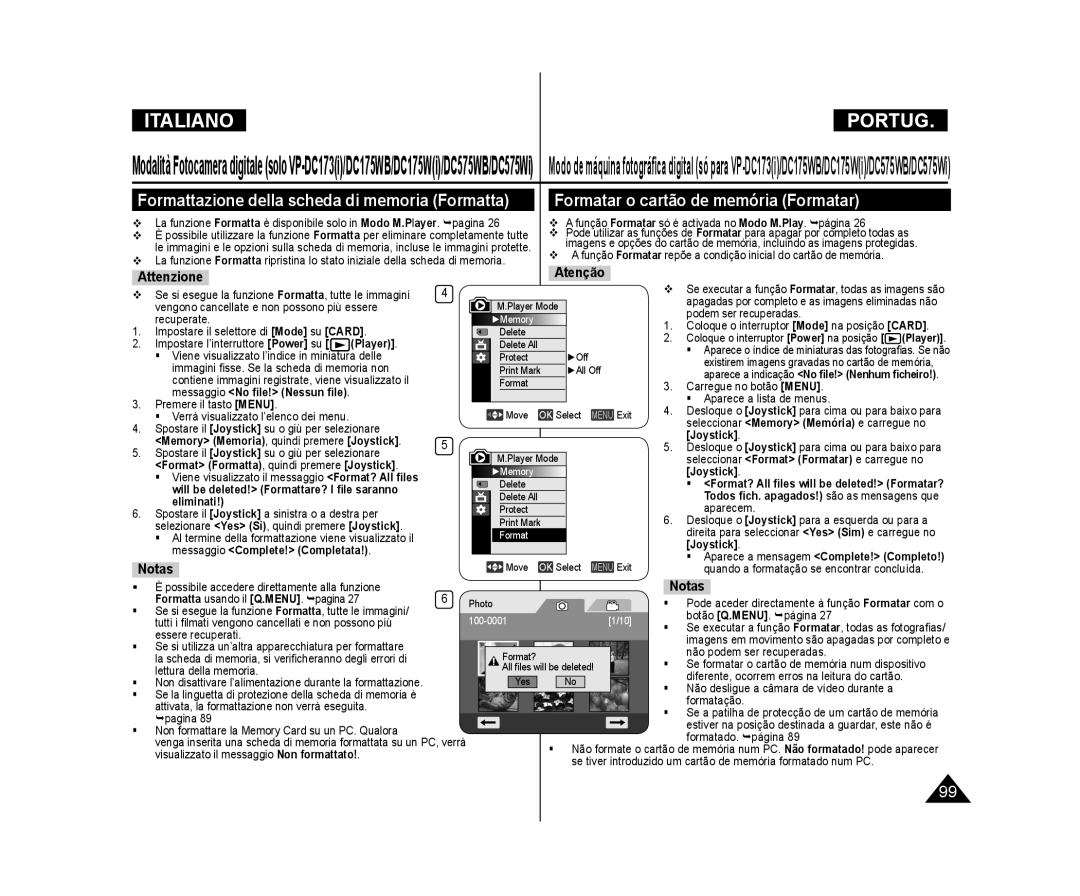 Samsung VP-DC171WB/XEF, VP-DC171/XEF Formatar o cartão de memória Formatar, Formattazione della scheda di memoria Formatta 