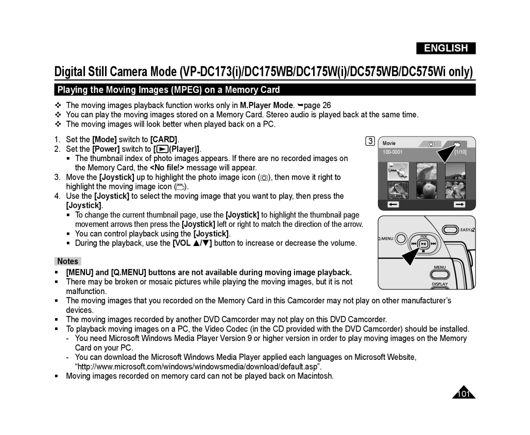 Samsung VP-DC171/XEF, VP-DC575WB/XEF, VP-DC175WB/XEF, VP-DC171W/KIT manual Playing the Moving Images Mpeg on a Memory Card 