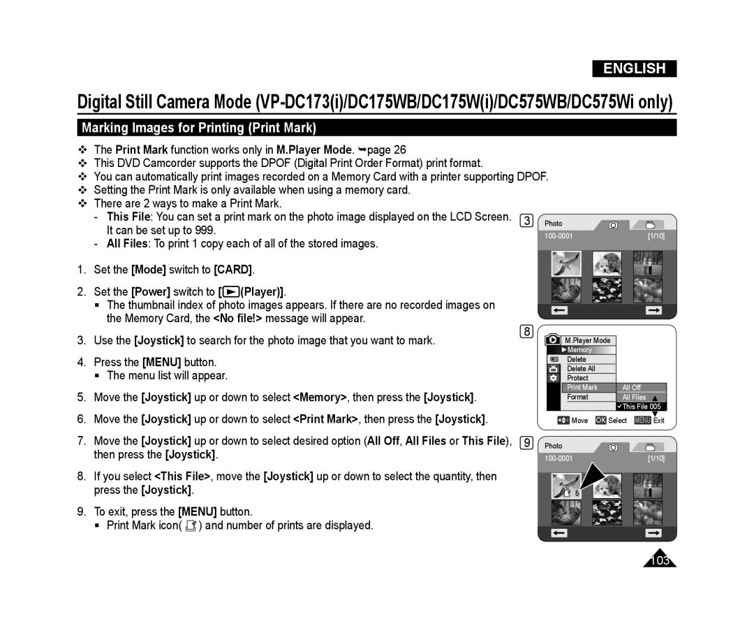 Samsung VP-DC173/XEF, VP-DC575WB/XEF, VP-DC175WB/XEF manual Marking Images for Printing Print Mark, It can be set up to 