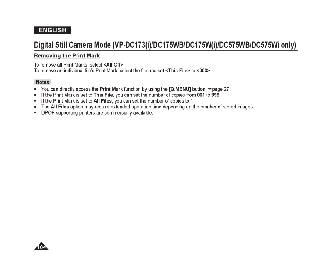 Samsung VP-DC171/BAT, VP-DC575WB/XEF, VP-DC175WB/XEF, VP-DC171W/KIT, VP-DC171/XEF, VP-DC575WB/XEU manual Removing the Print Mark 