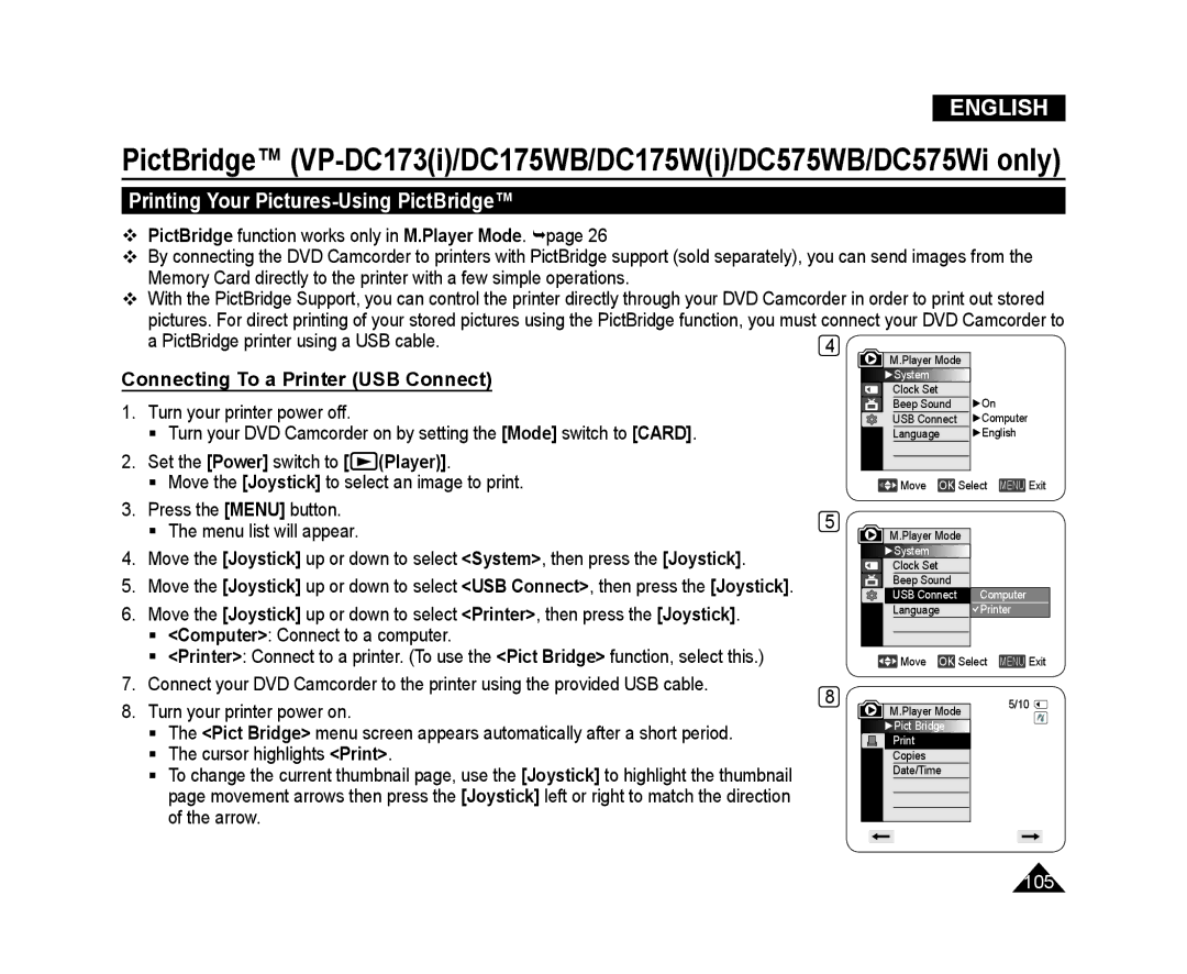 Samsung VP-DC171W/XEF, VP-DC575WB/XEF manual Printing Your Pictures-Using PictBridge, PictBridge printer using a USB cable 