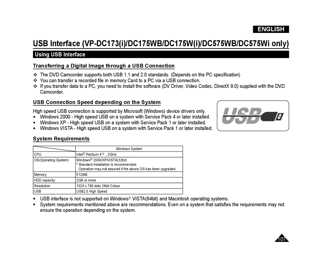 Samsung VP-DC175W/XEF Using USB Interface, Transferring a Digital Image through a USB Connection, System Requirements 