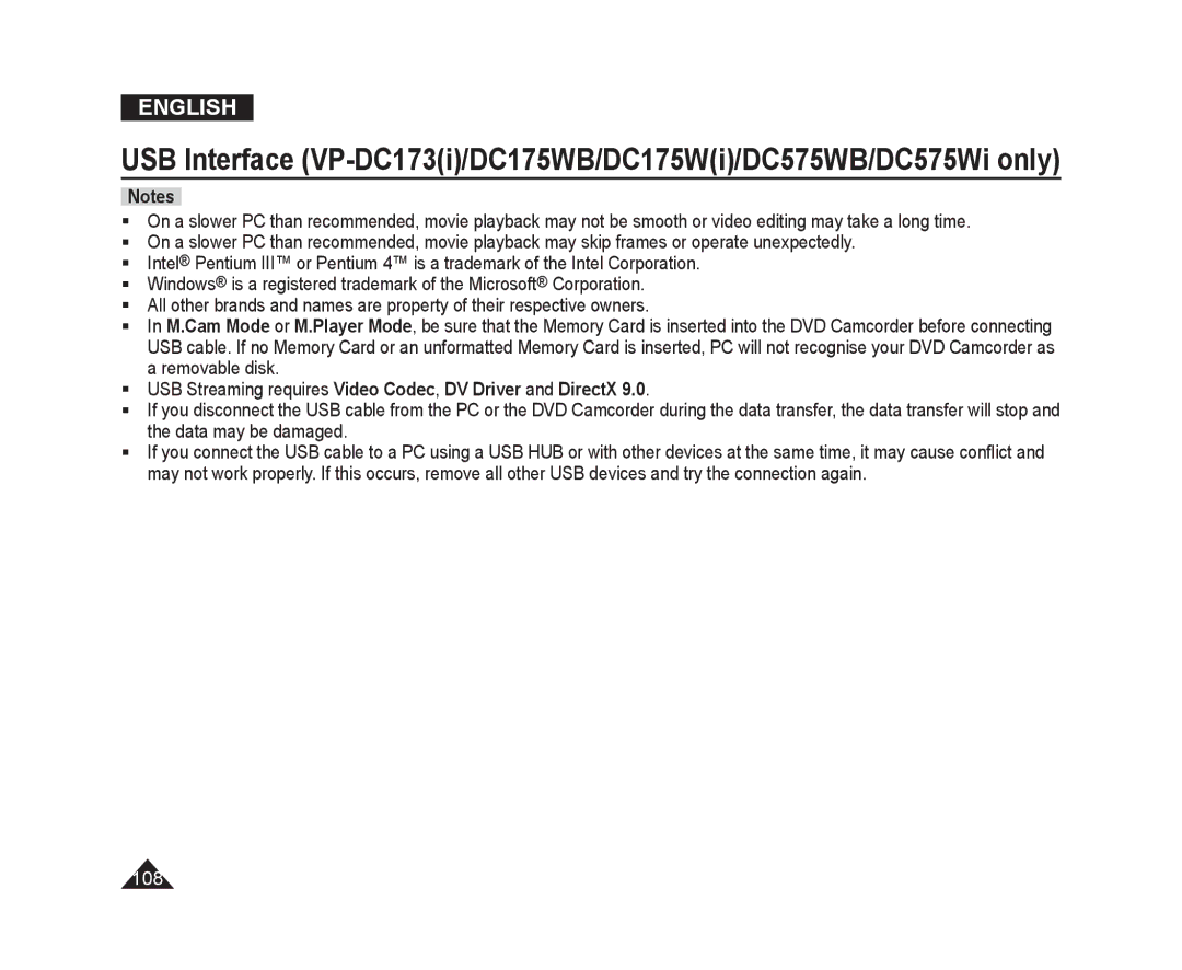 Samsung VP-DC171WH/XEF, VP-DC575WB/XEF, VP-DC175WB/XEF manual  USB Streaming requires Video Codec, DV Driver and DirectX 