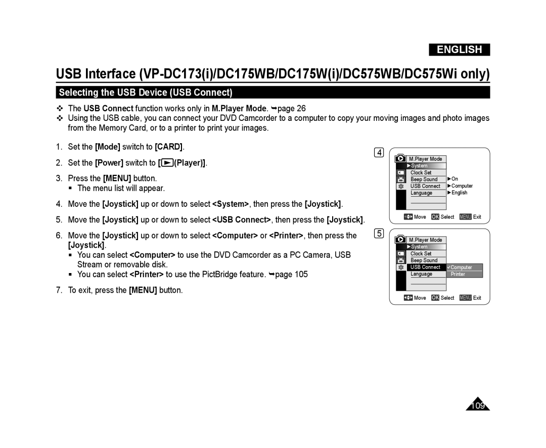 Samsung VP-DC171W/XEO, VP-DC575WB/XEF, VP-DC175WB/XEF, VP-DC171W/KIT, VP-DC171/XEF manual Selecting the USB Device USB Connect 