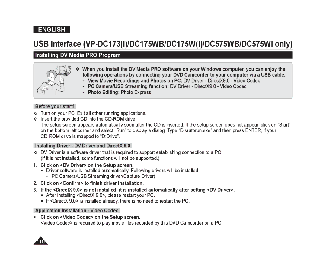 Samsung VP-DC171/XEE, VP-DC575WB/XEF, VP-DC171/XEF Installing DV Media PRO Program, Installing Driver DV Driver and DirectX 