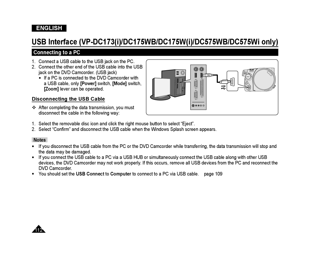 Samsung VP-DC173/XEE, VP-DC575WB/XEF, VP-DC175WB/XEF, VP-DC171W/KIT manual Connecting to a PC, Disconnecting the USB Cable 