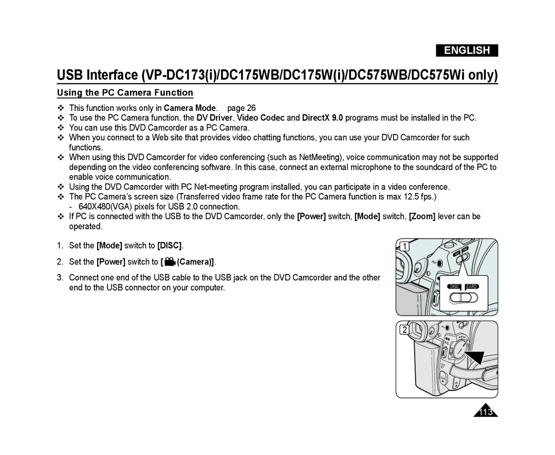 Samsung VP-DC171/XEO, VP-DC575WB/XEF manual Using the PC Camera Function,  This function works only in Camera Mode. page 