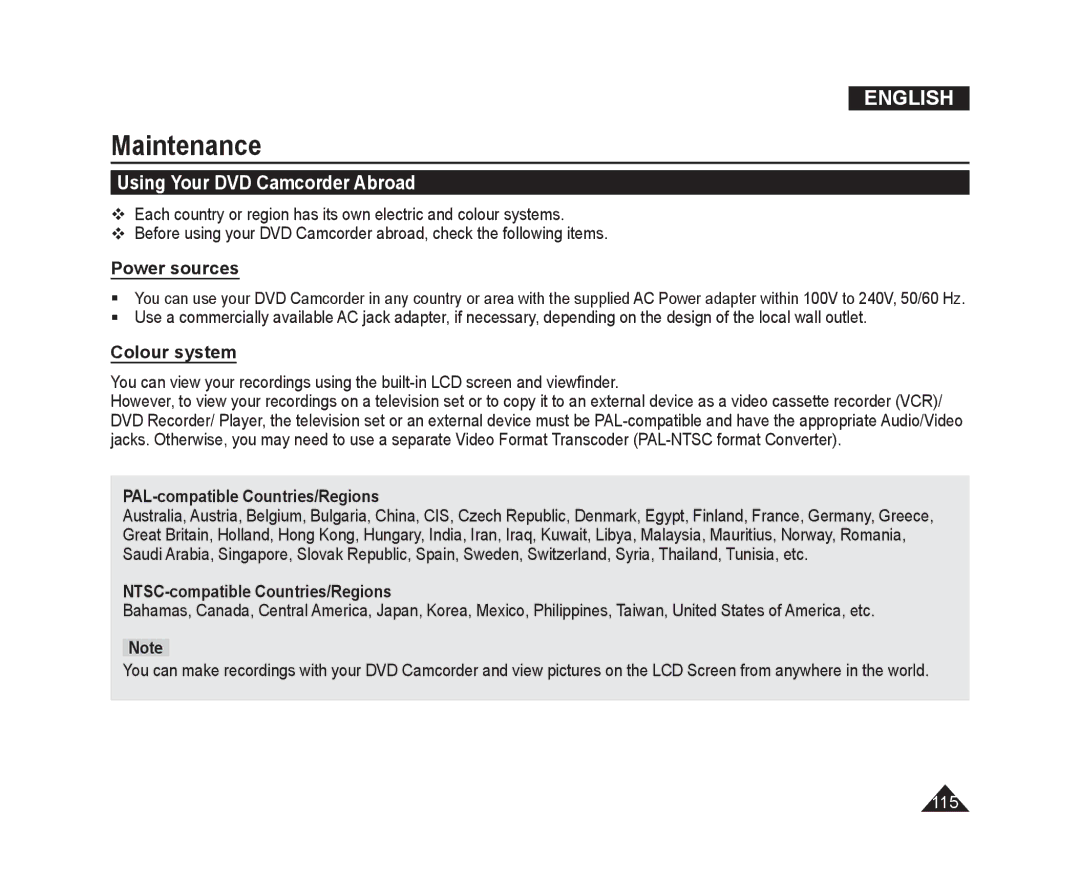 Samsung VP-DC173/XEO, VP-DC575WB/XEF, VP-DC175WB/XEF, VP-DC171W/KIT manual Maintenance, Using Your DVD Camcorder Abroad 