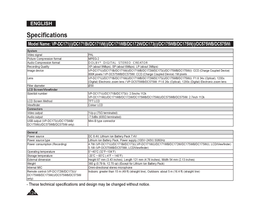 Samsung VP-DC171/KNT, VP-DC575WB/XEF, VP-DC175WB/XEF, VP-DC171W/KIT, VP-DC171/XEF, VP-DC575WB/XEU manual Speciﬁcations, System 