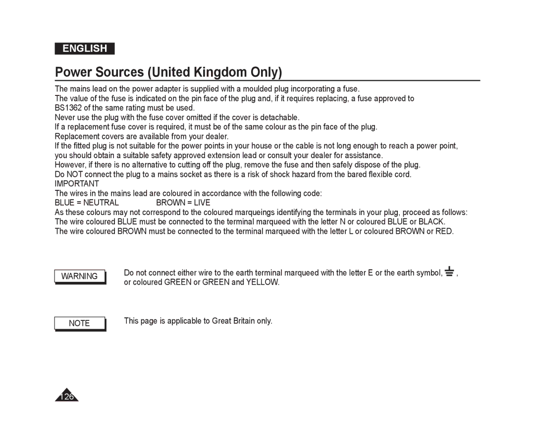 Samsung VP-DC171I/MEA, VP-DC575WB/XEF, VP-DC175WB/XEF manual Power Sources United Kingdom Only, Blue = Neutral Brown = Live 