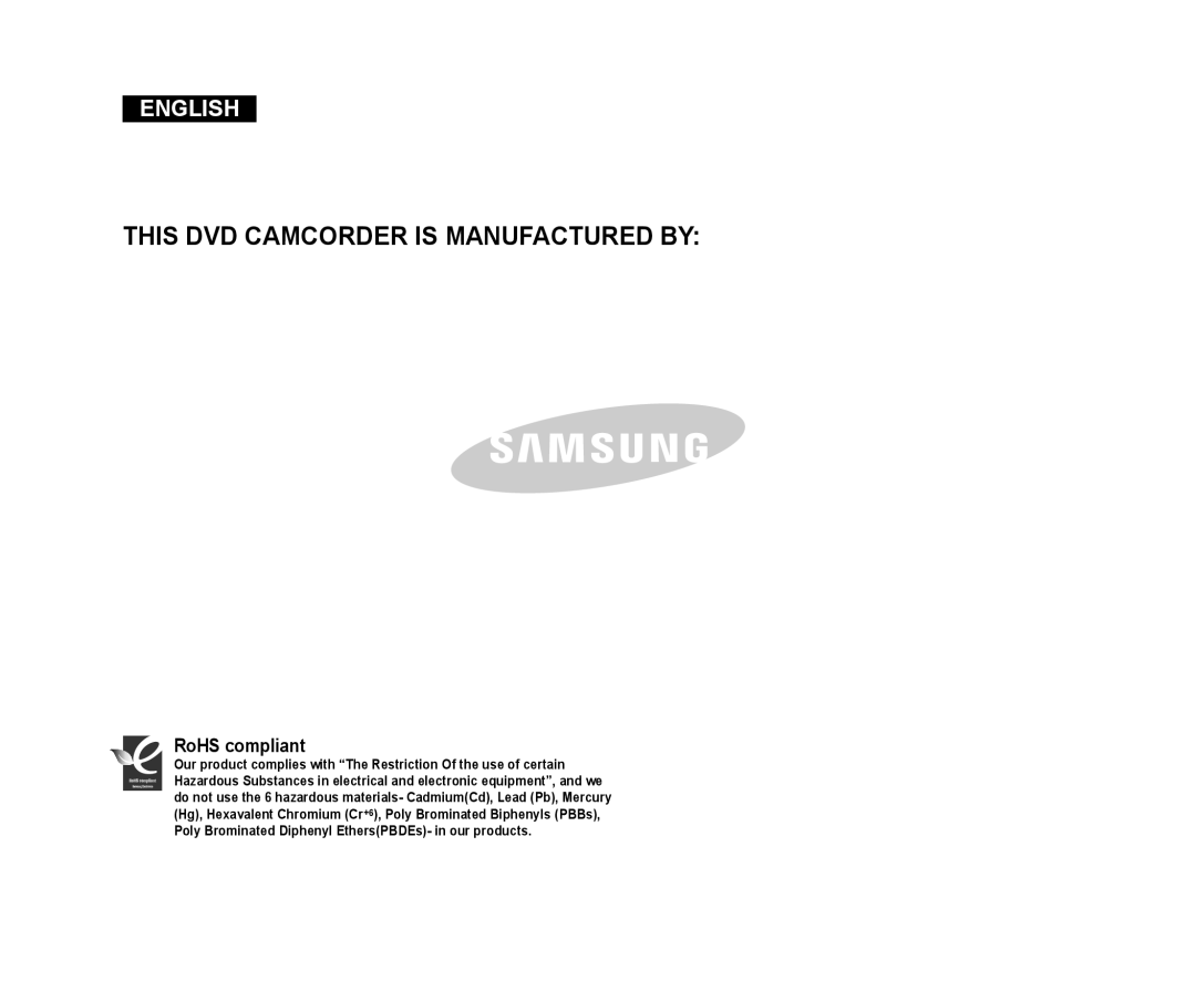 Samsung VP-DC171/CAN, VP-DC575WB/XEF, VP-DC175WB/XEF, VP-DC171W/KIT This DVD Camcorder is Manufactured by, RoHS compliant 