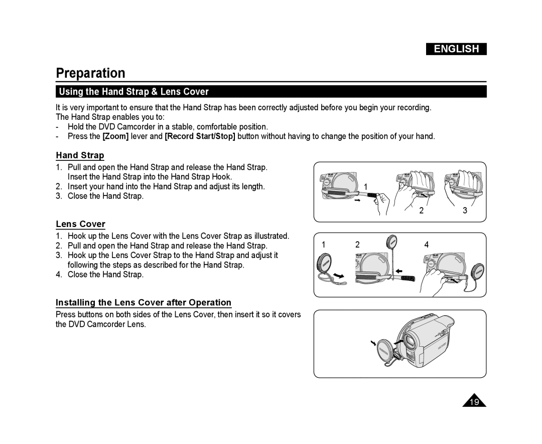 Samsung VP-DC175WI/UMG manual Preparation, Using the Hand Strap & Lens Cover, Installing the Lens Cover after Operation 