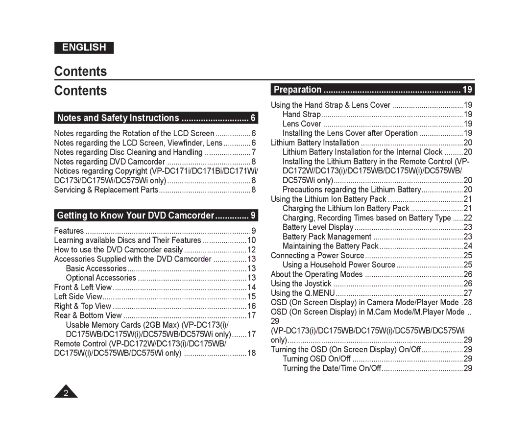 Samsung VP-DC171W/KIT, VP-DC575WB/XEF, VP-DC175WB/XEF, VP-DC171/XEF, VP-DC575WB/XEU, VP-DC173/XEF, VP-DC171/BAT manual Contents 