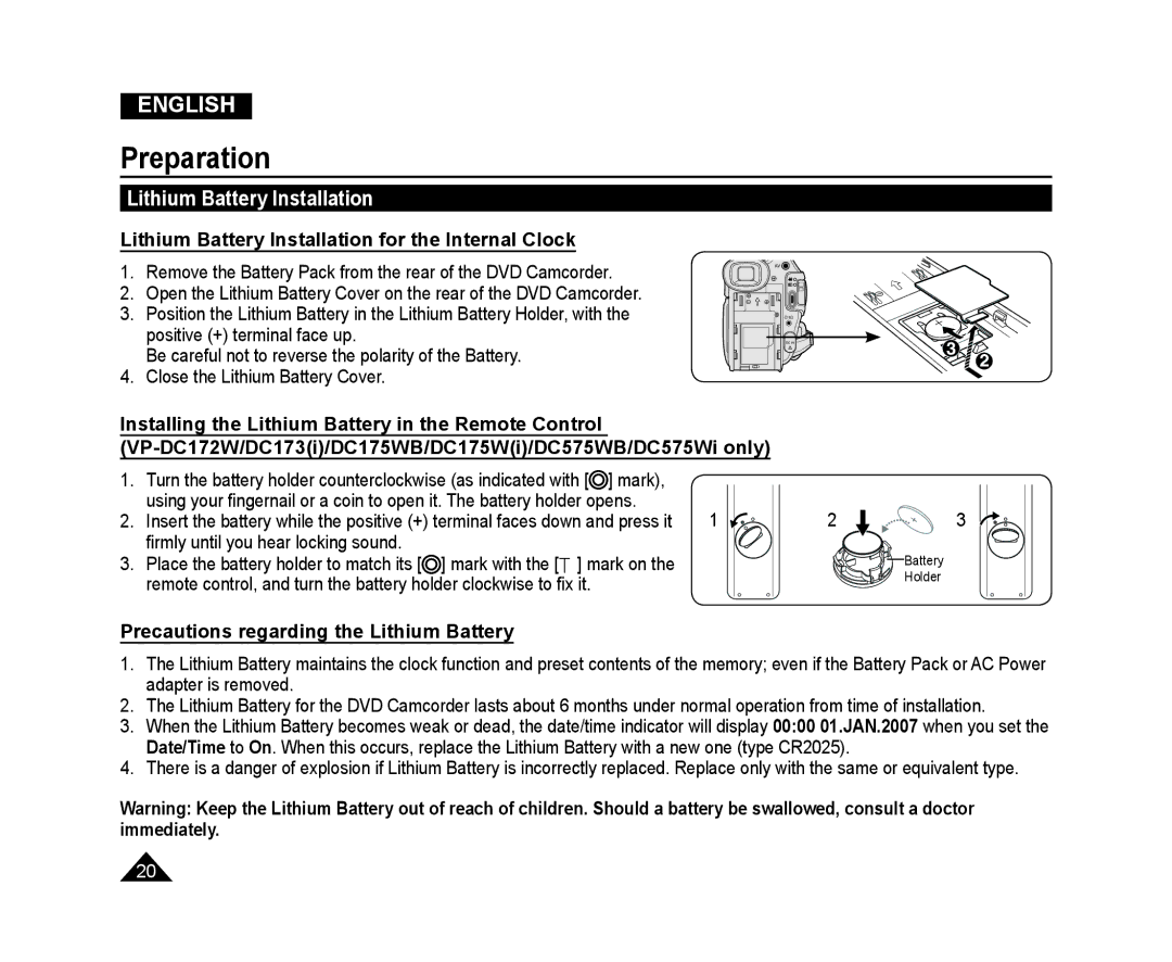 Samsung VP-DC175WB/AND manual Lithium Battery Installation for the Internal Clock, ﬁrmly until you hear locking sound 