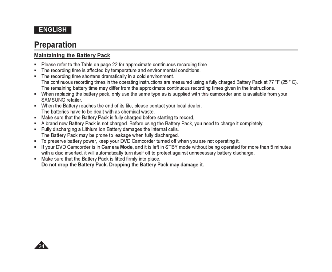 Samsung VP-DC171WI/HAC manual Maintaining the Battery Pack,  Make sure that the Battery Pack is ﬁtted ﬁrmly into place 