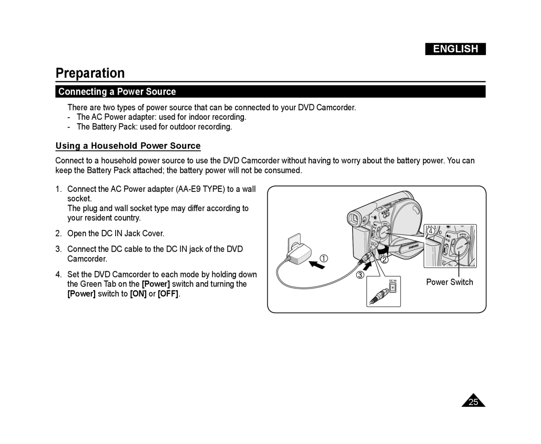 Samsung VP-DC175WI/HAC, VP-DC171W/KIT Connecting a Power Source, Using a Household Power Source, Power switch to on or OFF 