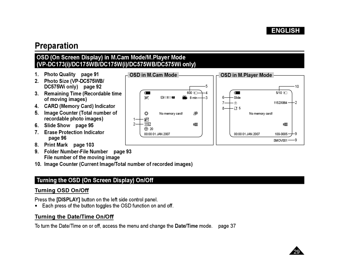 Samsung VP-DC175WB/KNT, VP-DC575WB/XEF, VP-DC175WB/XEF, VP-DC171W/KIT, VP-DC171/XEF Turning the OSD On Screen Display On/Off 