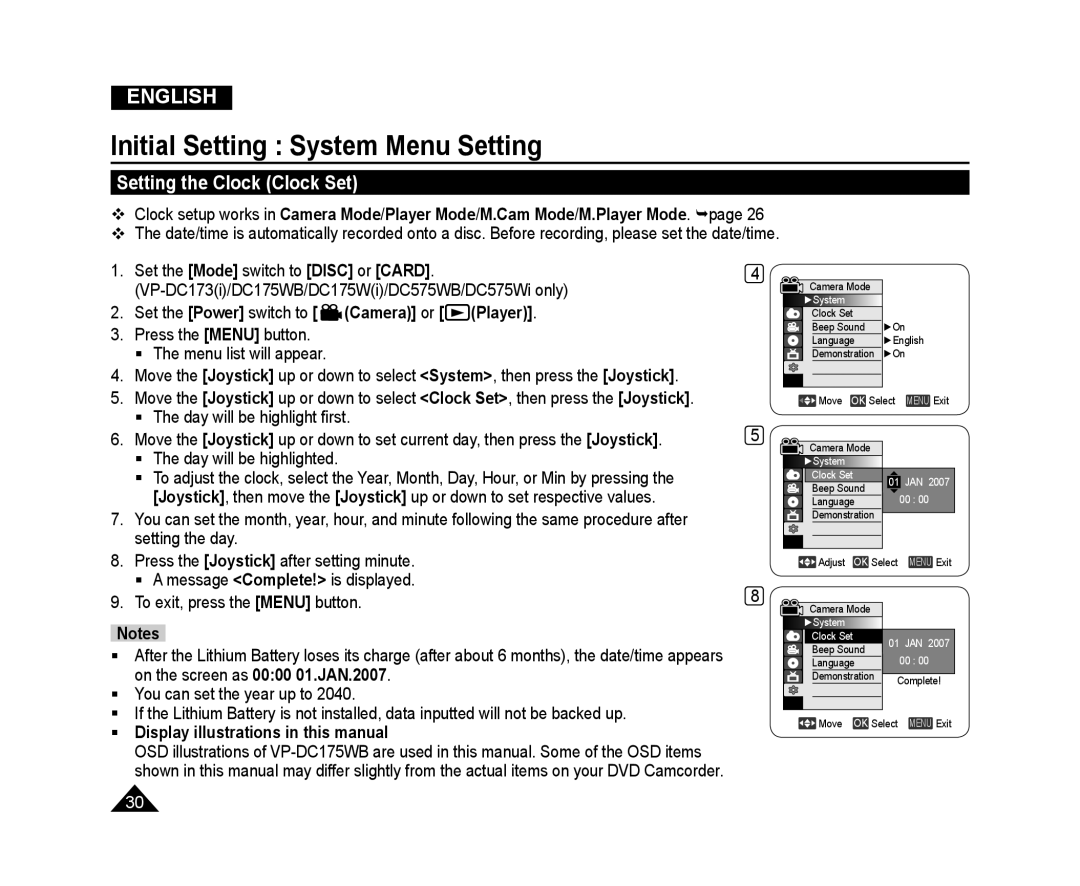 Samsung VP-DC171I/UMG, VP-DC575WB/XEF manual Initial Setting System Menu Setting, Setting the Clock Clock Set, Camera or 