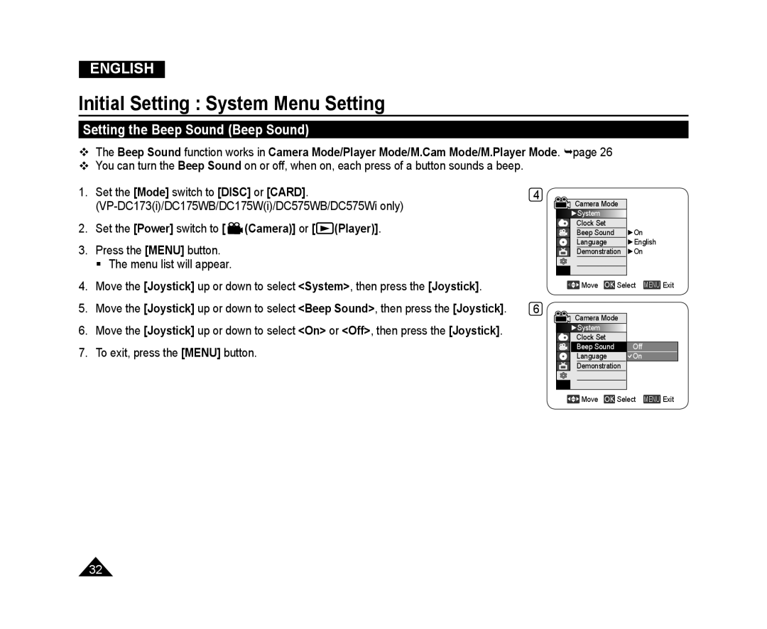 Samsung VP-DC175WI/MEA, VP-DC575WB/XEF, VP-DC175WB/XEF, VP-DC171W/KIT, VP-DC171/XEF manual Setting the Beep Sound Beep Sound 