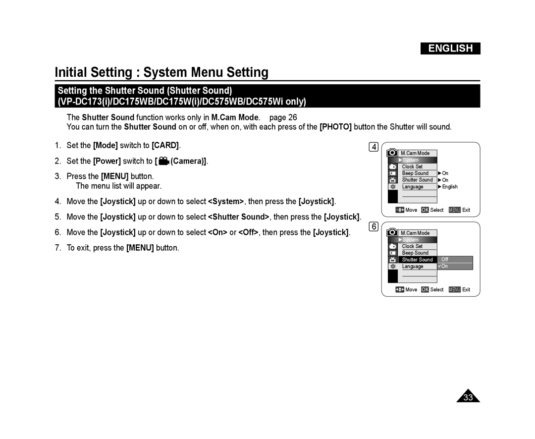 Samsung VP-DC173/CAN manual  The Shutter Sound function works only in M.Cam Mode. page, Set the Mode switch to Card 