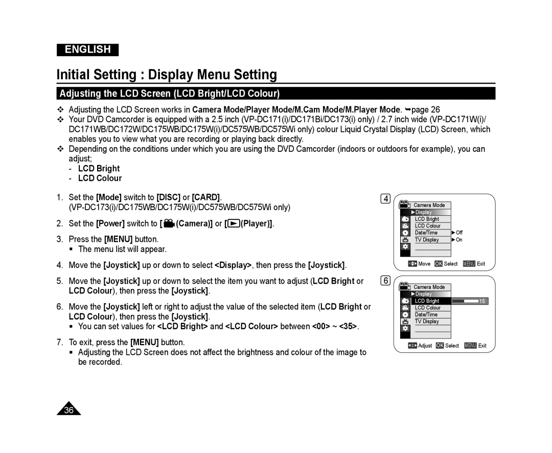 Samsung VP-DC575WB/XEO, VP-DC171W/KIT Initial Setting Display Menu Setting, Adjusting the LCD Screen LCD Bright/LCD Colour 