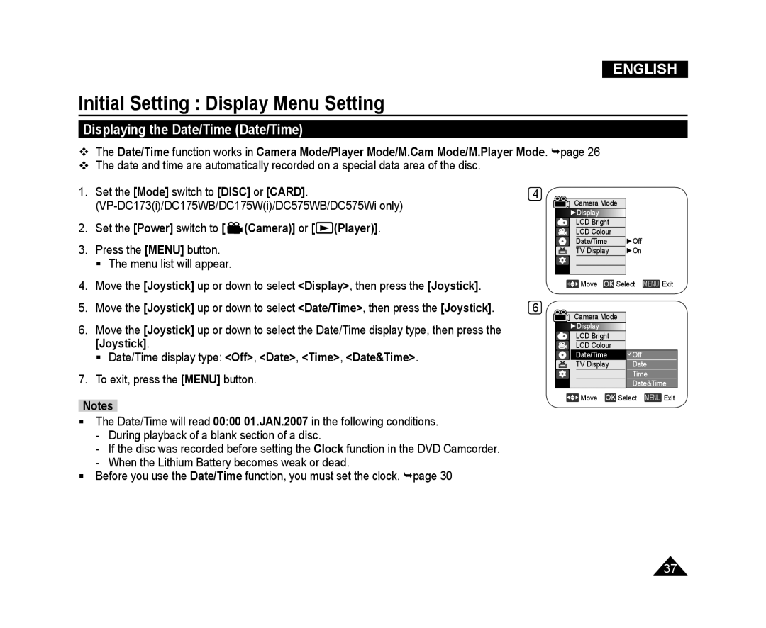 Samsung VP-DC172W/XEE, VP-DC575WB/XEF, VP-DC175WB/XEF, VP-DC171W/KIT, VP-DC171/XEF manual Displaying the Date/Time Date/Time 