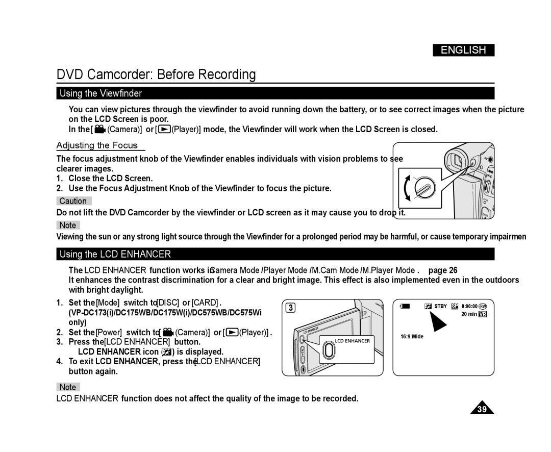 Samsung VP-DC171/NWT DVD Camcorder Before Recording, Using the Viewﬁnder, Using the LCD Enhancer, Adjusting the Focus 