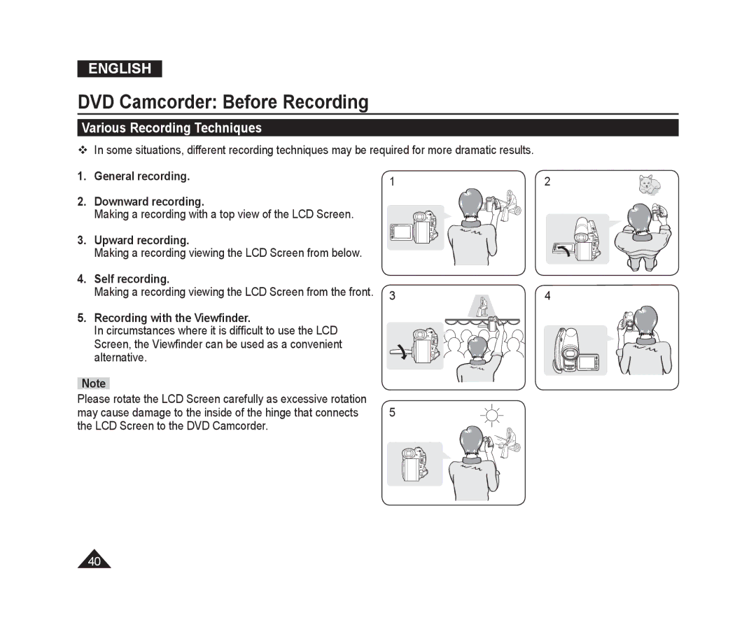 Samsung VP-DC575WB/NWT, VP-DC171W/KIT Various Recording Techniques, General recording Downward recording, Upward recording 