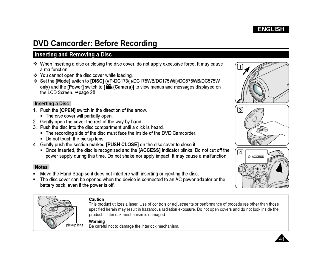 Samsung VP-DC171I/XER, VP-DC575WB/XEF, VP-DC175WB/XEF, VP-DC171W/KIT manual Inserting and Removing a Disc, Inserting a Disc 