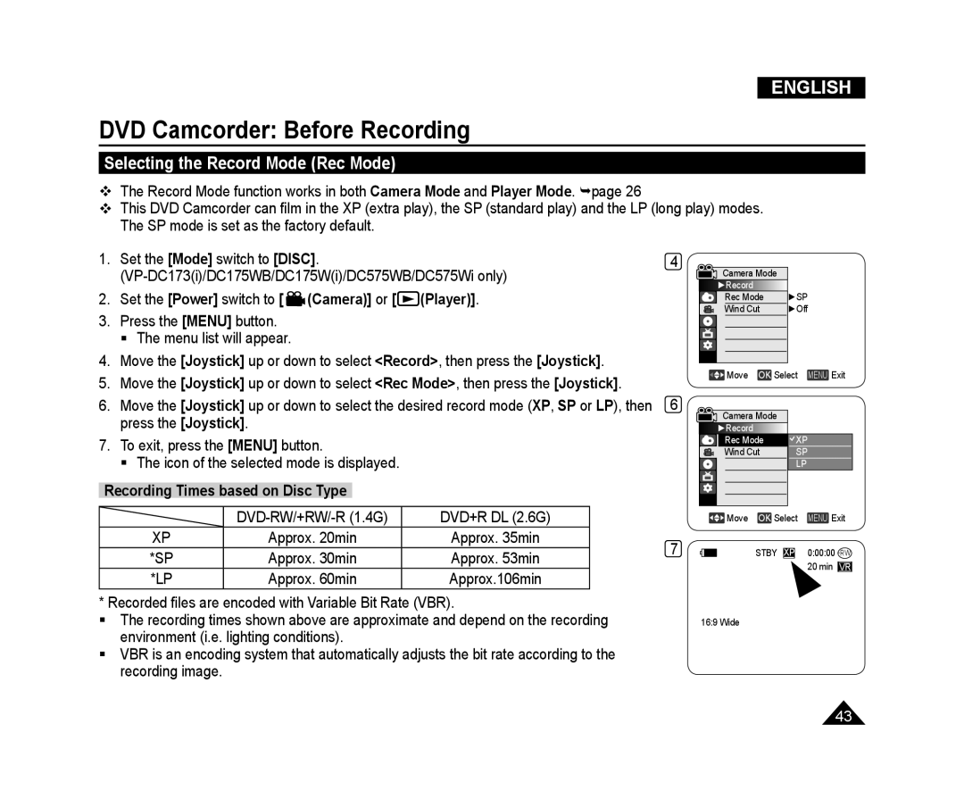 Samsung VP-DC175WI/XER, VP-DC575WB/XEF, VP-DC171/XEF Selecting the Record Mode Rec Mode, Recording Times based on Disc Type 